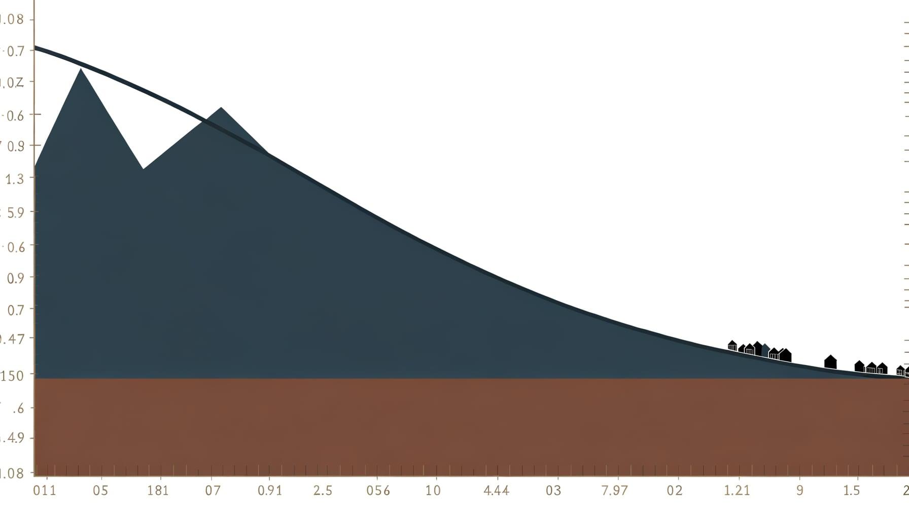 Austin skyline at golden hour, rooftops with a downward-trending price chart overlay