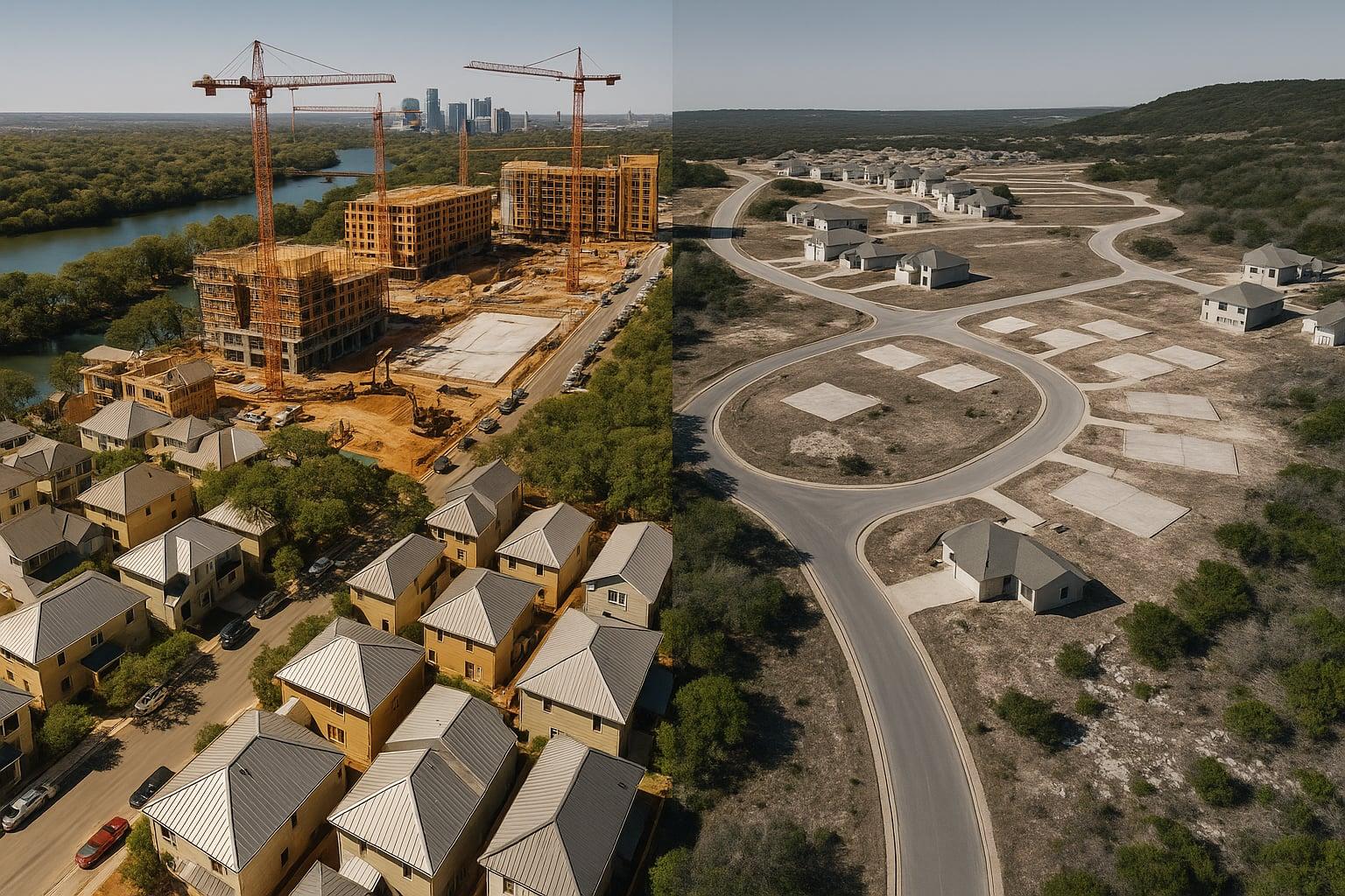 Split aerial view of Austin: construction cranes over dense urban infill on one side, a stalled suburban subdivision with empty foundation slabs on the other