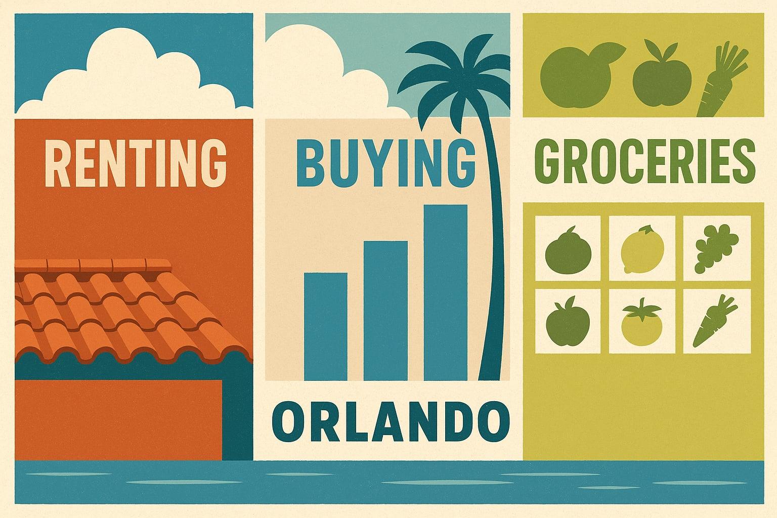 Illustrated cost-of-living panels for Orlando comparing renting, buying, and groceries