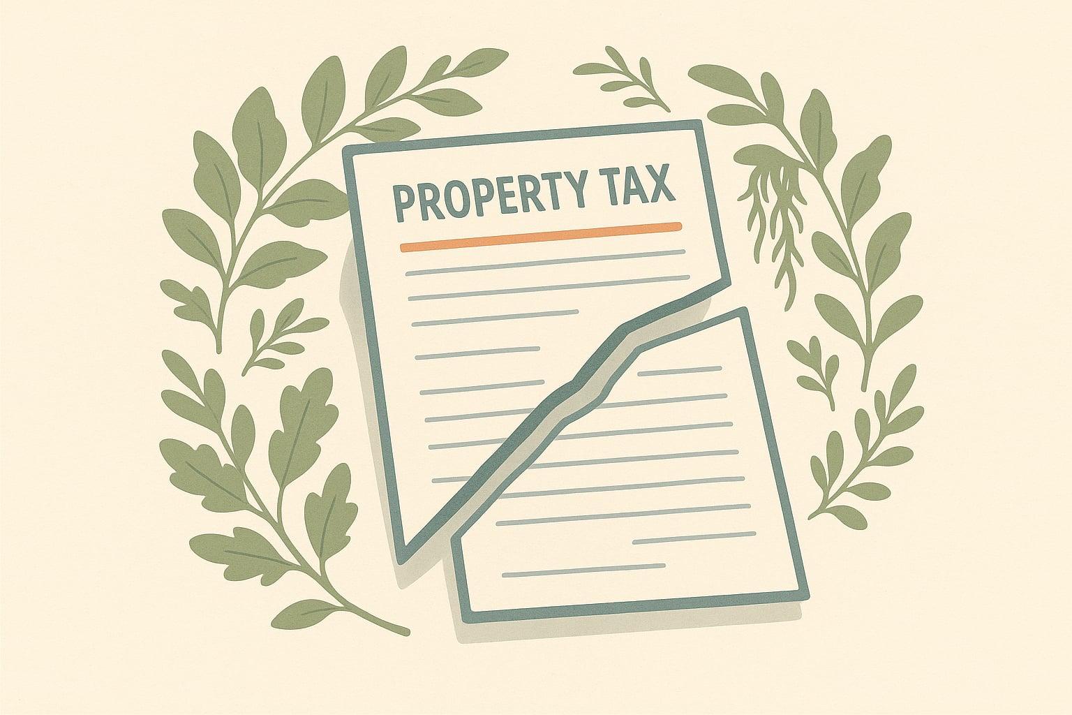 A property tax bill cut in two pieces surrounded by live oak leaf motifs