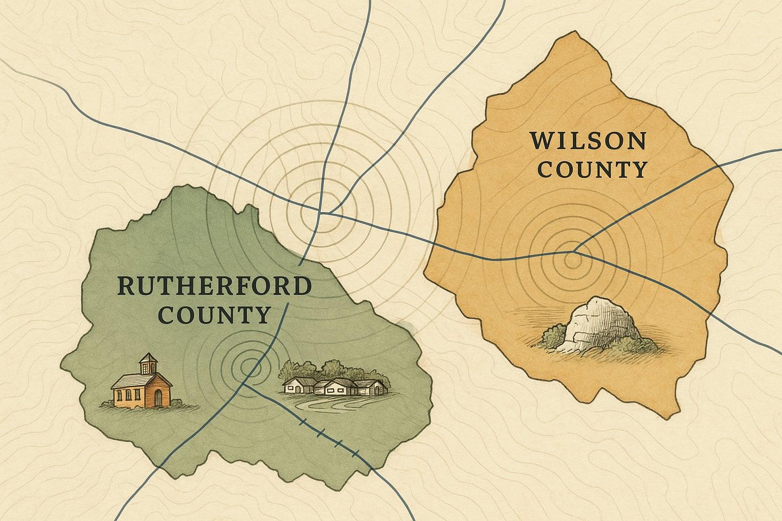 Illustrated atlas-style map showing Nashville suburban counties with growth rings and school vignettes