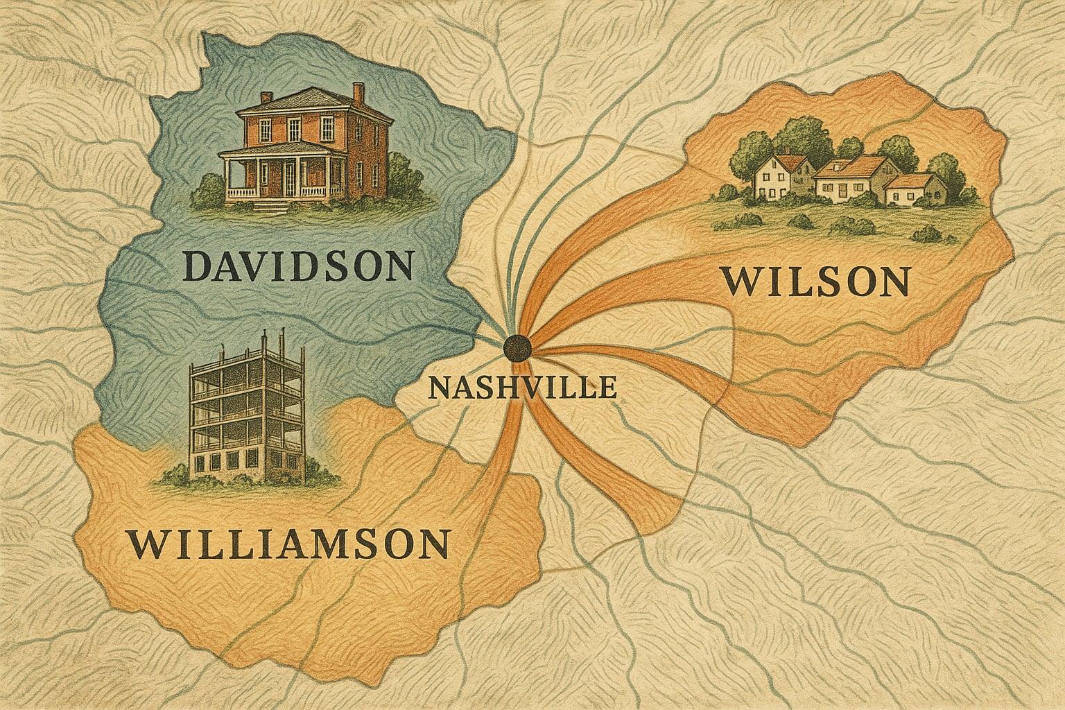 Illustrated county map of Nashville metro showing corporate growth radiating into Davidson, Williamson, and Wilson counties