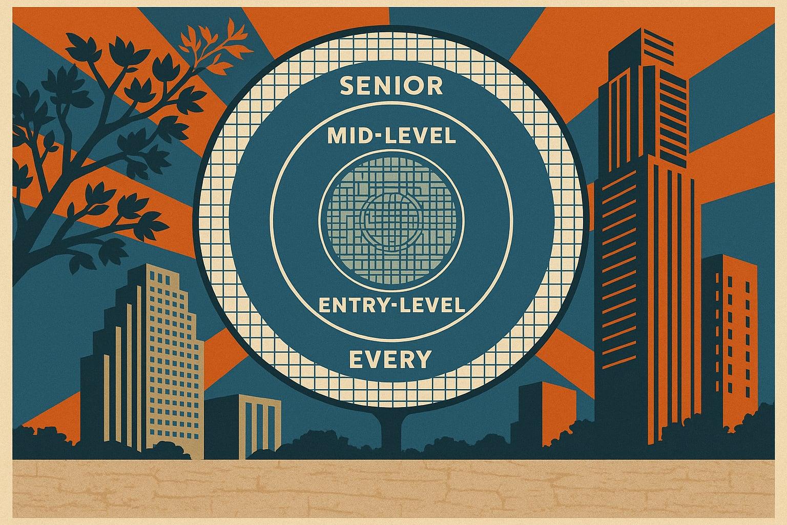 Bold poster illustration of silicon wafer salary rings radiating toward Austin's tech skyline silhouette