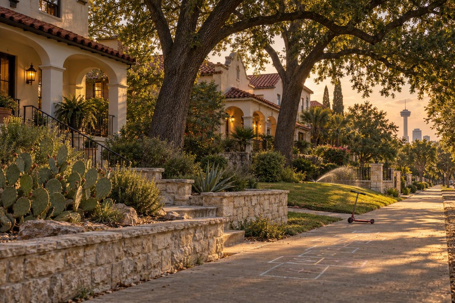 Quiet San Antonio street with stucco homes, pecan shade, a child's scooter and distant Tower of the Americas at dusk