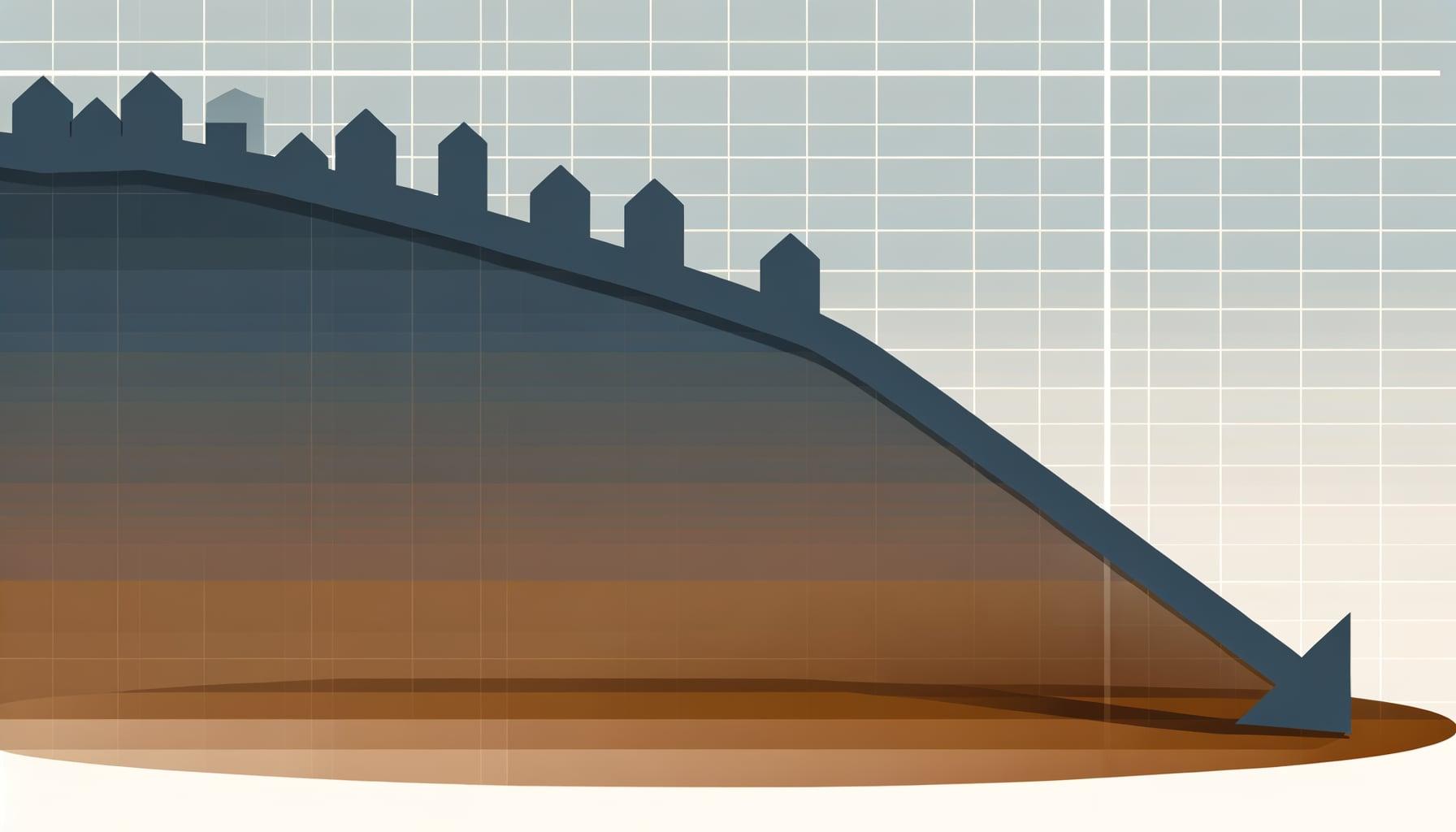 Austin skyline at golden hour, rooftops with a downward-trending price chart overlay