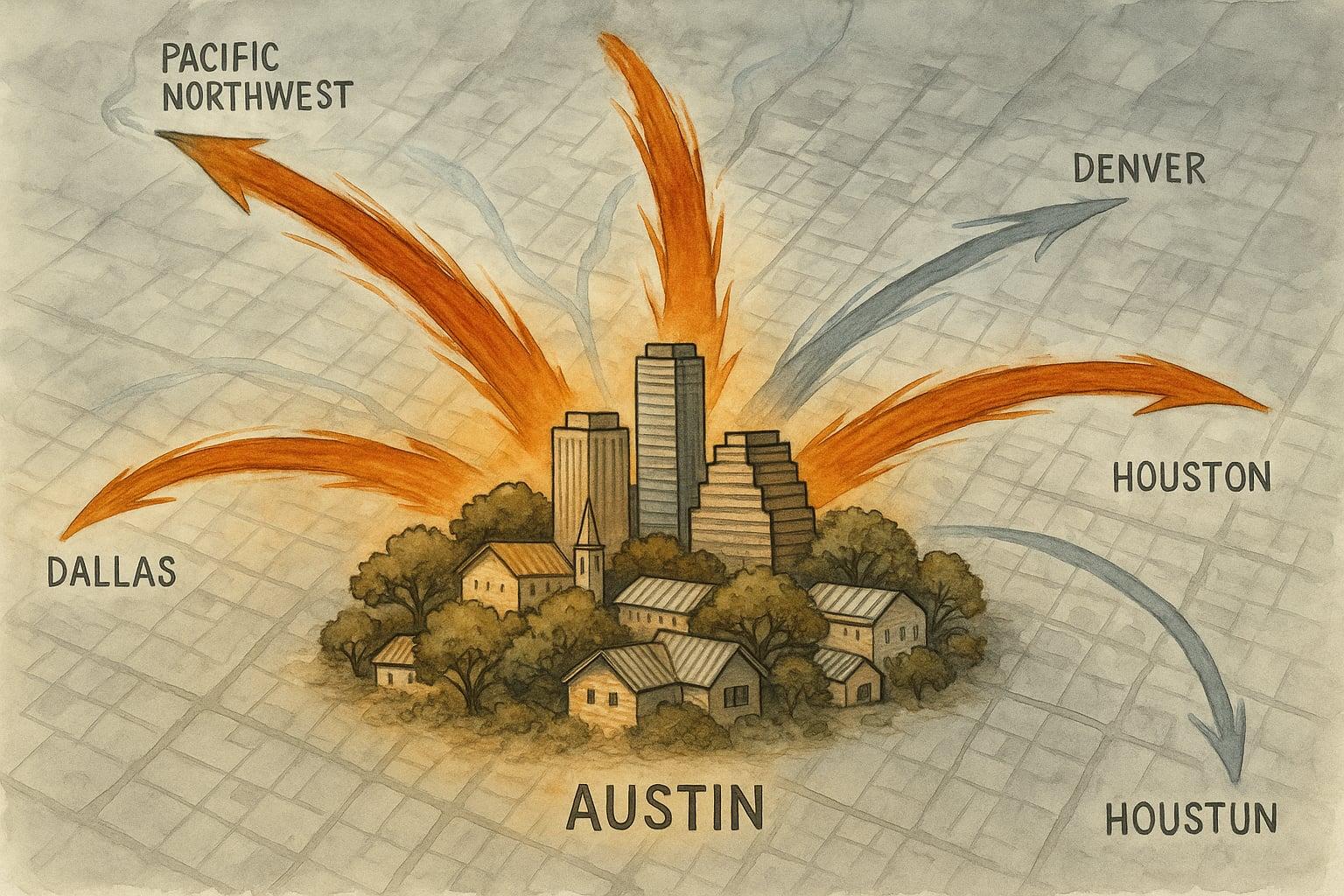 Aerial view of downtown Austin skyline with the Colorado River and residential suburbs extending south