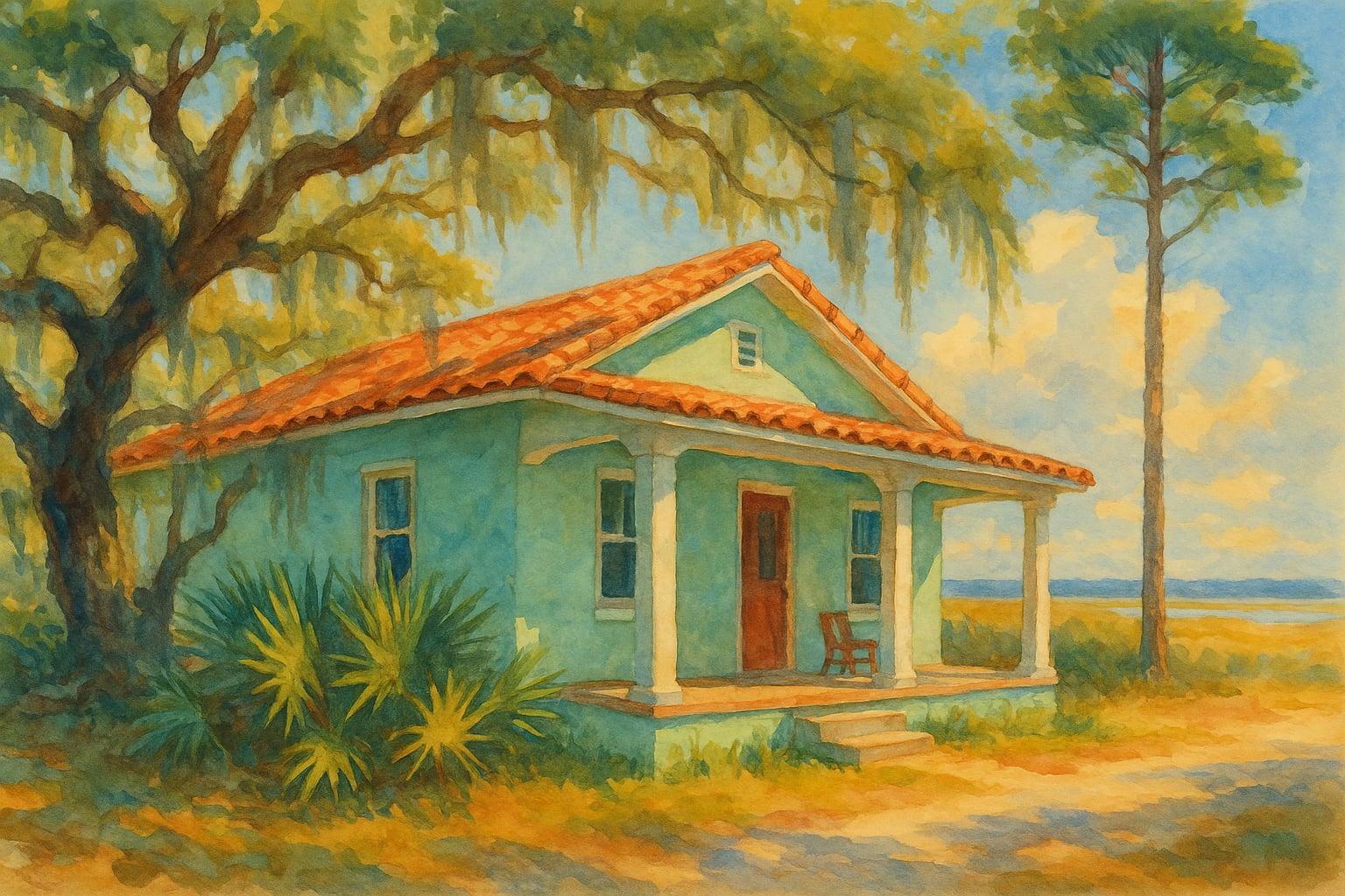 Watercolour of an affordable Florida ranch home beneath Spanish moss-draped live oaks