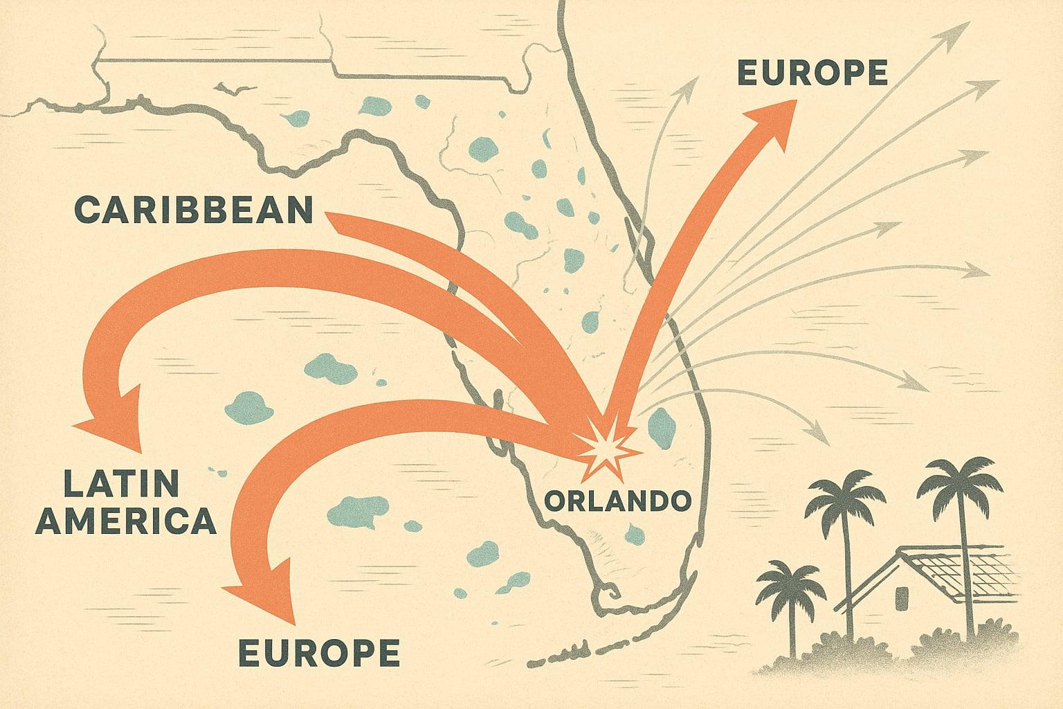Editorial migration map showing international inflow and domestic outflow arrows converging on Orlando metro