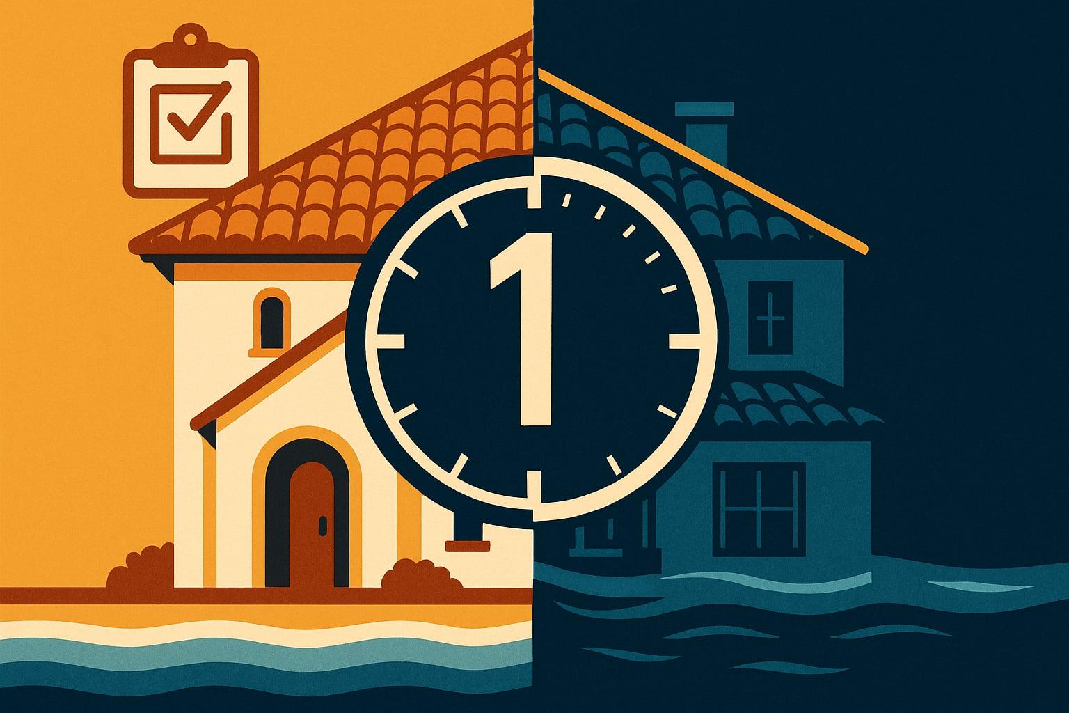 Split cutaway illustration of Florida home half-submerged in floodwater with deadline countdown motif