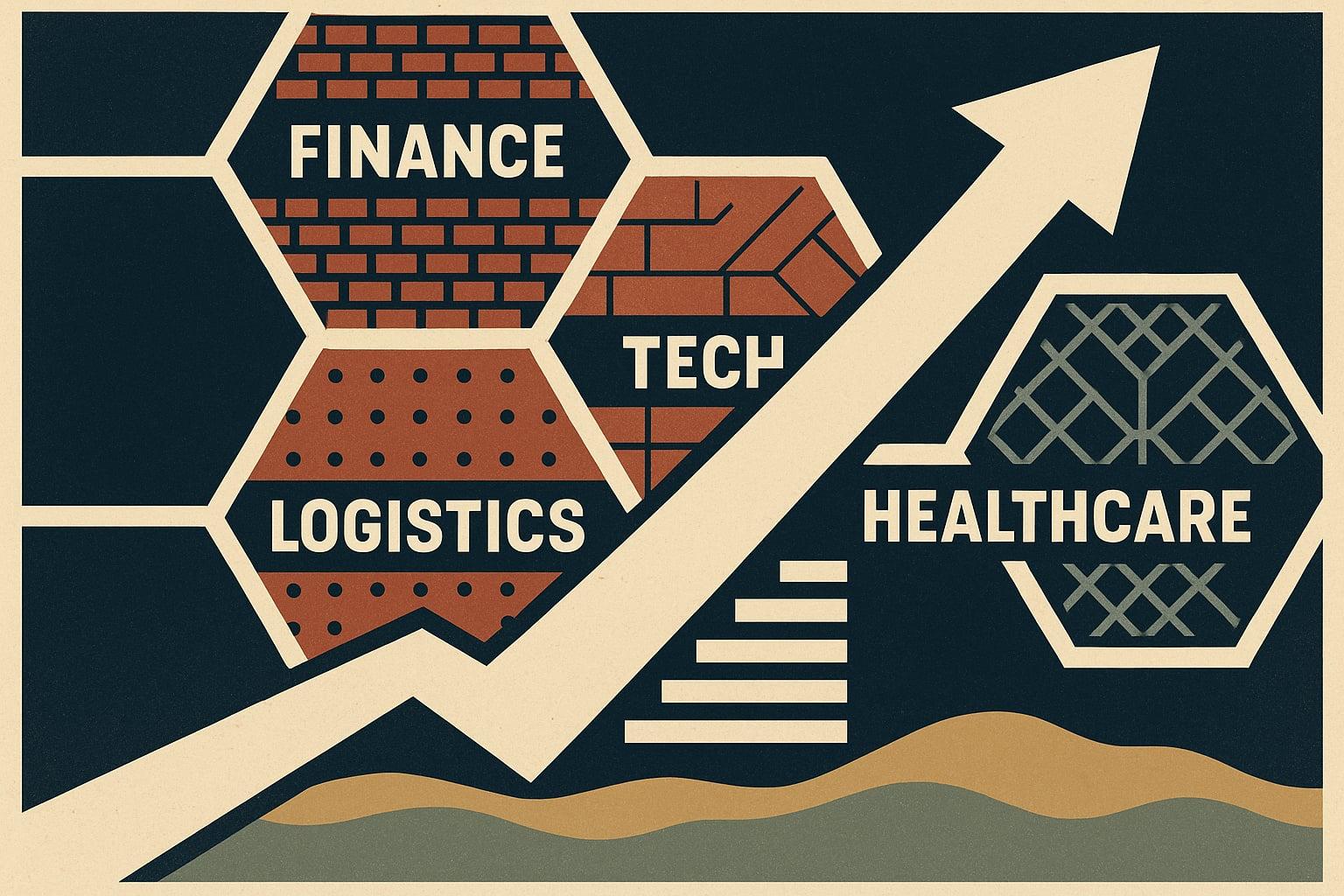 Bold poster-style infographic of interconnected employment sector hexagons with upward growth arrow