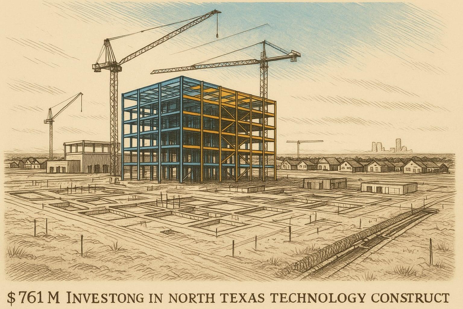 Pen-and-ink sketch of a data centre rising from North Texas prairie near suburban homes
