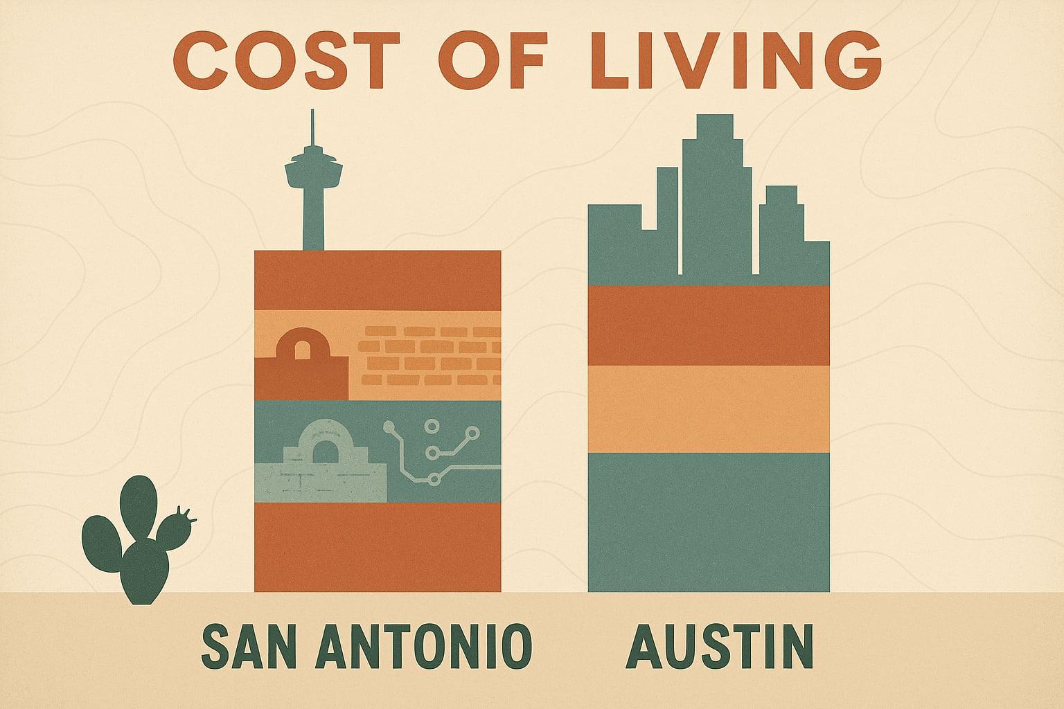 Side-by-side cost comparison bar chart illustration contrasting San Antonio and Austin affordability metrics