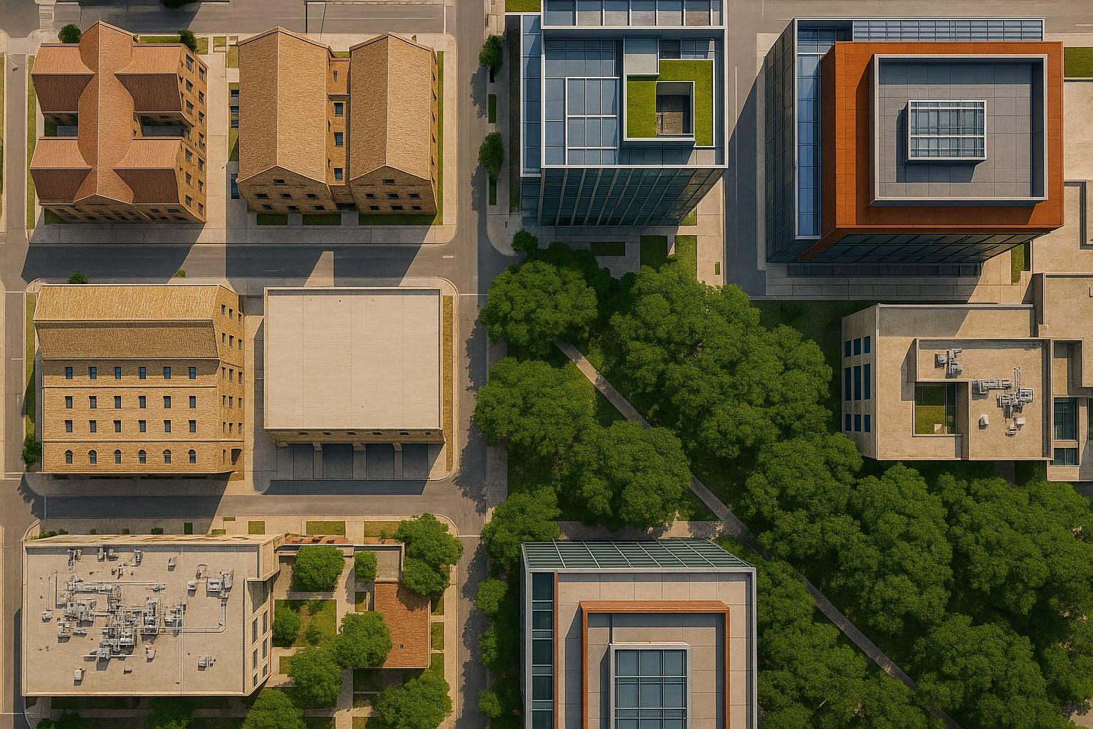 Overhead aerial view of Austin commercial district divided into distinct diversified economic zones