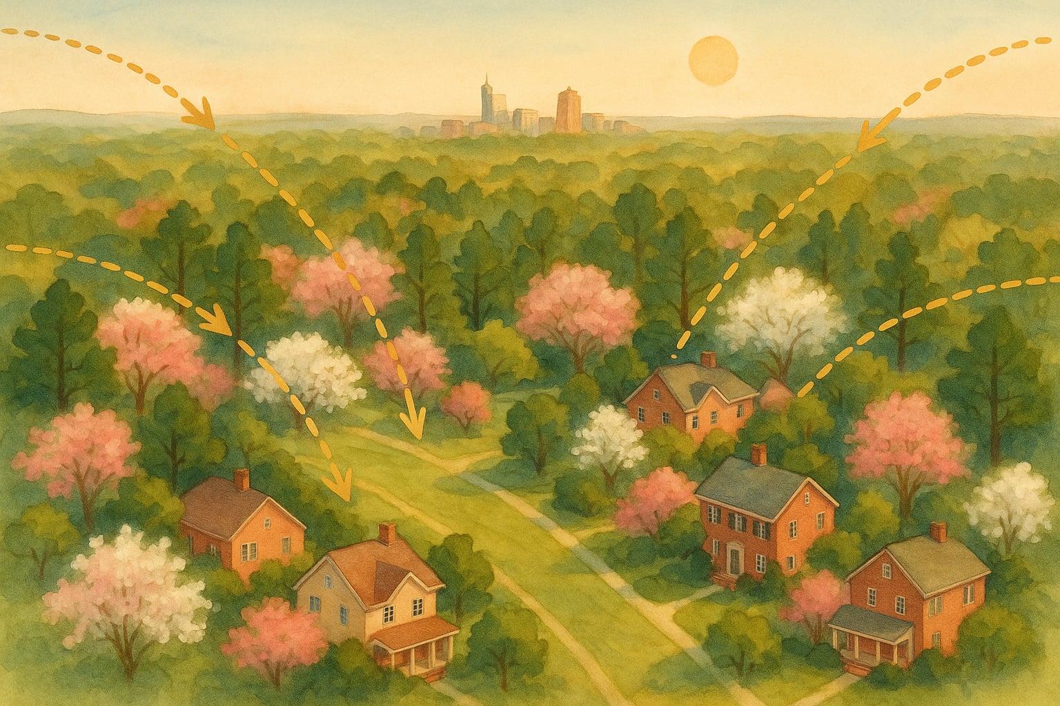 Watercolour aerial view of blooming Piedmont neighbourhood with converging migration arrow-paths toward Raleigh skyline
