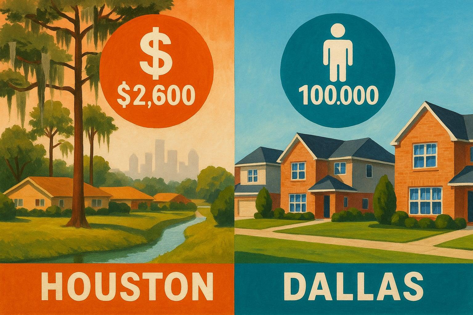 Split gouache illustration comparing Houston and Dallas suburban landscapes with insurance cost medallions