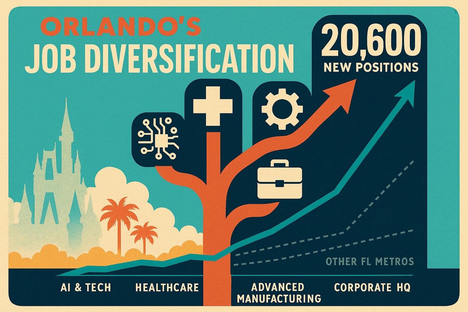 Bold economy poster showing Orlando job-growth branches across tech, healthcare, and corporate sectors