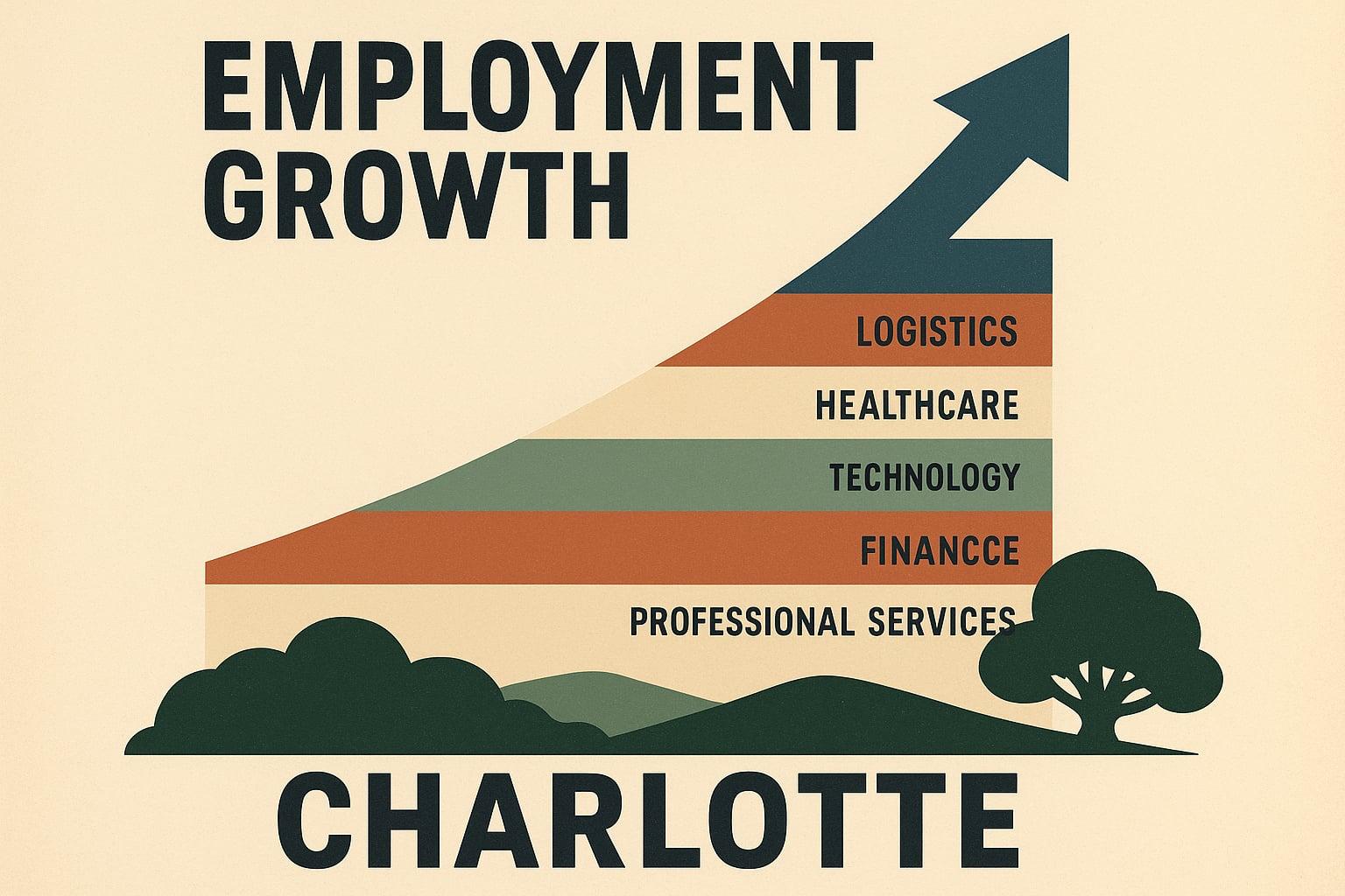 Modernist sector-bar arrow rising above abstracted Piedmont landscape silhouette, Charlotte job growth