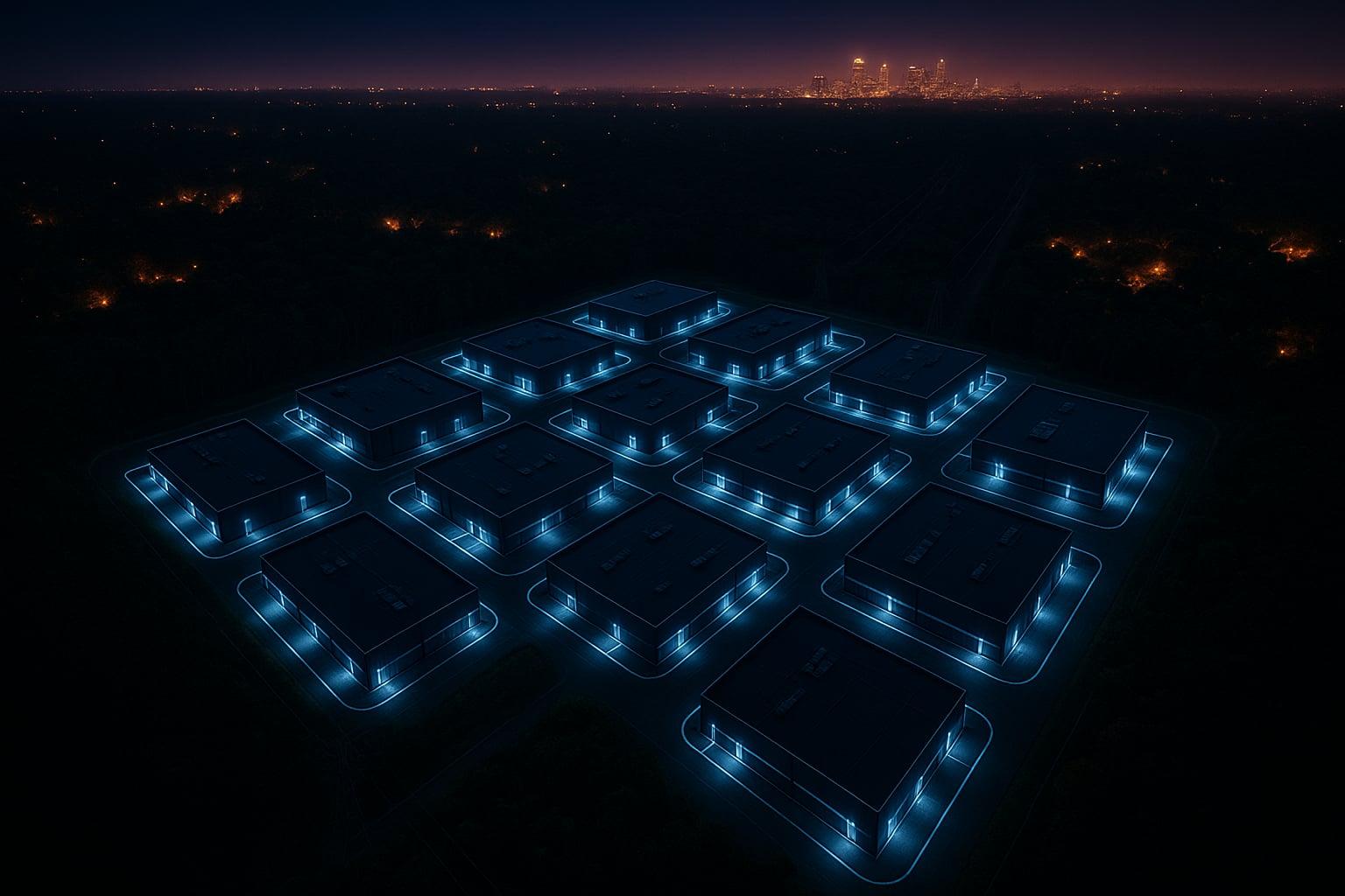 Aerial night view of Atlanta data-centre campus glowing blue amid dark Georgia forest