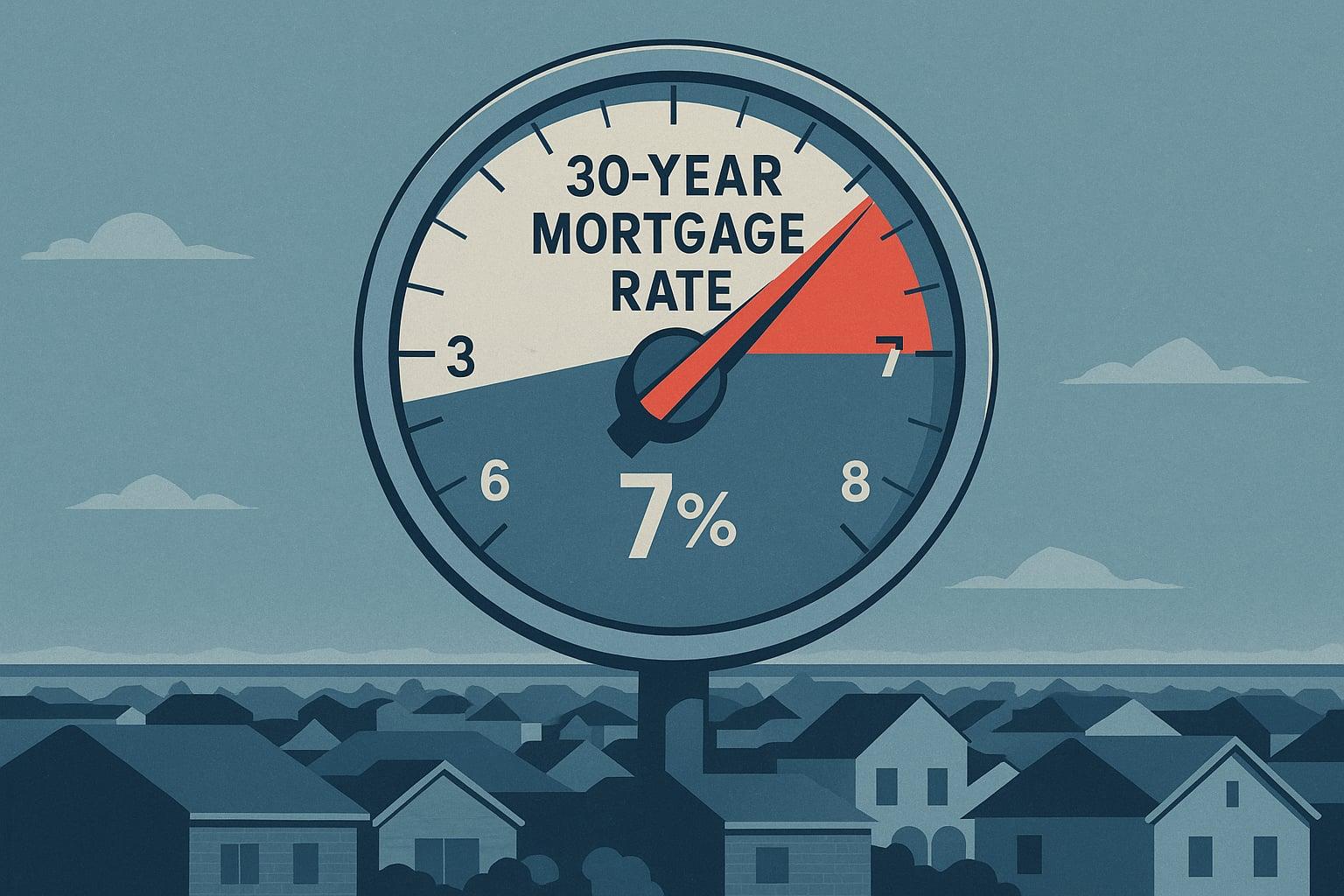 A rate-gauge needle pushed into the red zone above a flat Texas suburban skyline silhouette