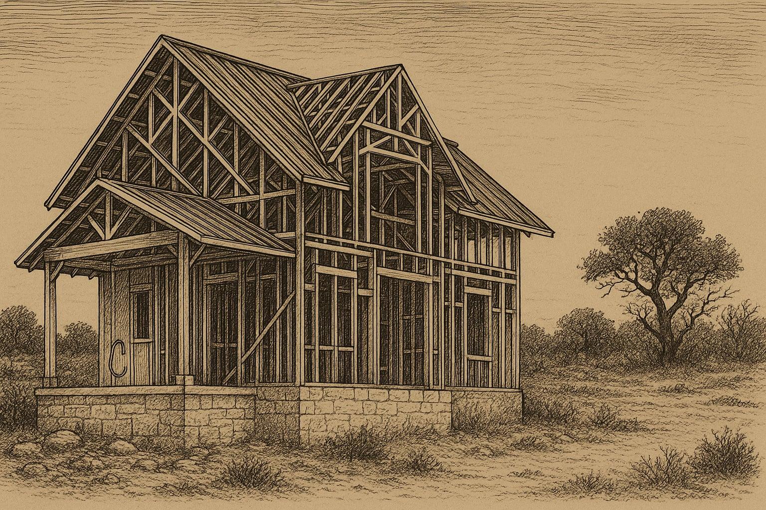 Pen-and-ink illustration of a half-built craftsman home frame abandoned in Texas Hill Country scrubland