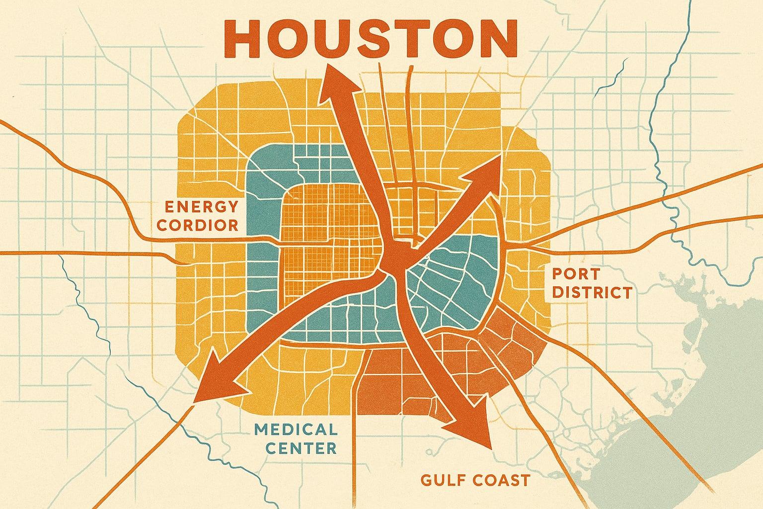 Illustrated map of Houston metro showing job-growth arrows radiating across colour-coded neighbourhood zones