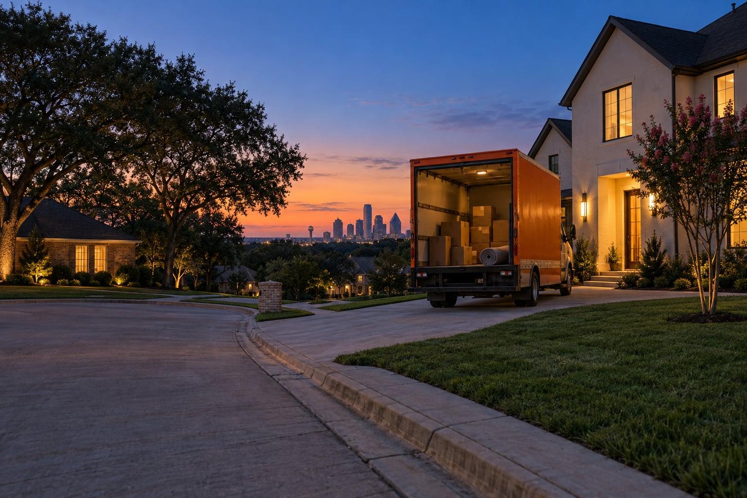 Orange moving truck with open cargo door on a Dallas suburban street at twilight, skyline distant