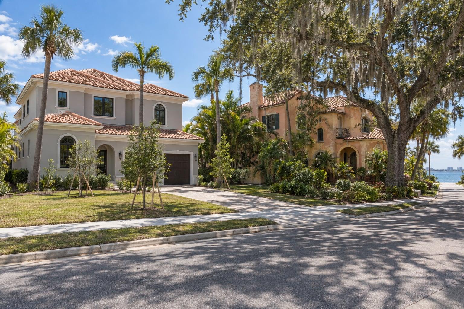 A new stucco house beside an older mature Mediterranean Revival home on a palm-lined Tampa street, bay beyond
