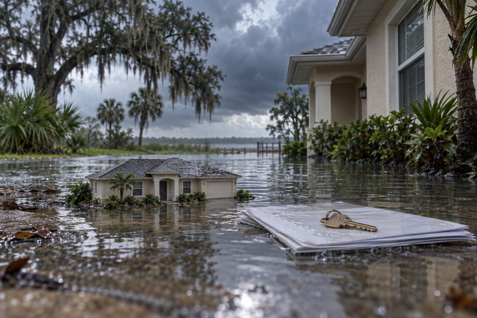 Rain-soaked Florida ranch home with floodwater at its base and a small model house, suggesting insurance and flood risk