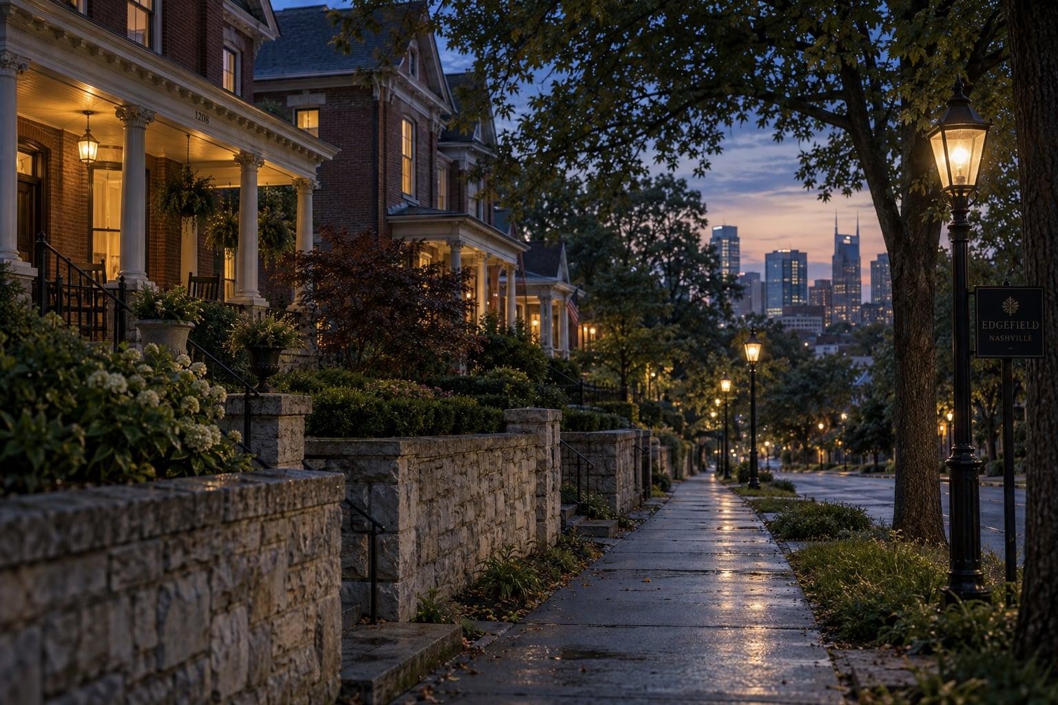 Lamplit Victorian brick homes with porches on a quiet, tree-lined Nashville street at dawn, evoking neighbourhood safety