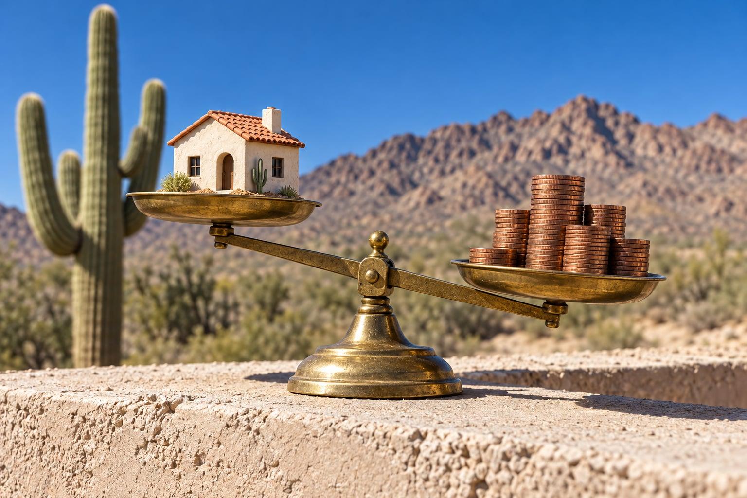 Brass balance scale weighing a tiny terracotta-roofed house against copper coins in front of a saguaro and desert mountains
