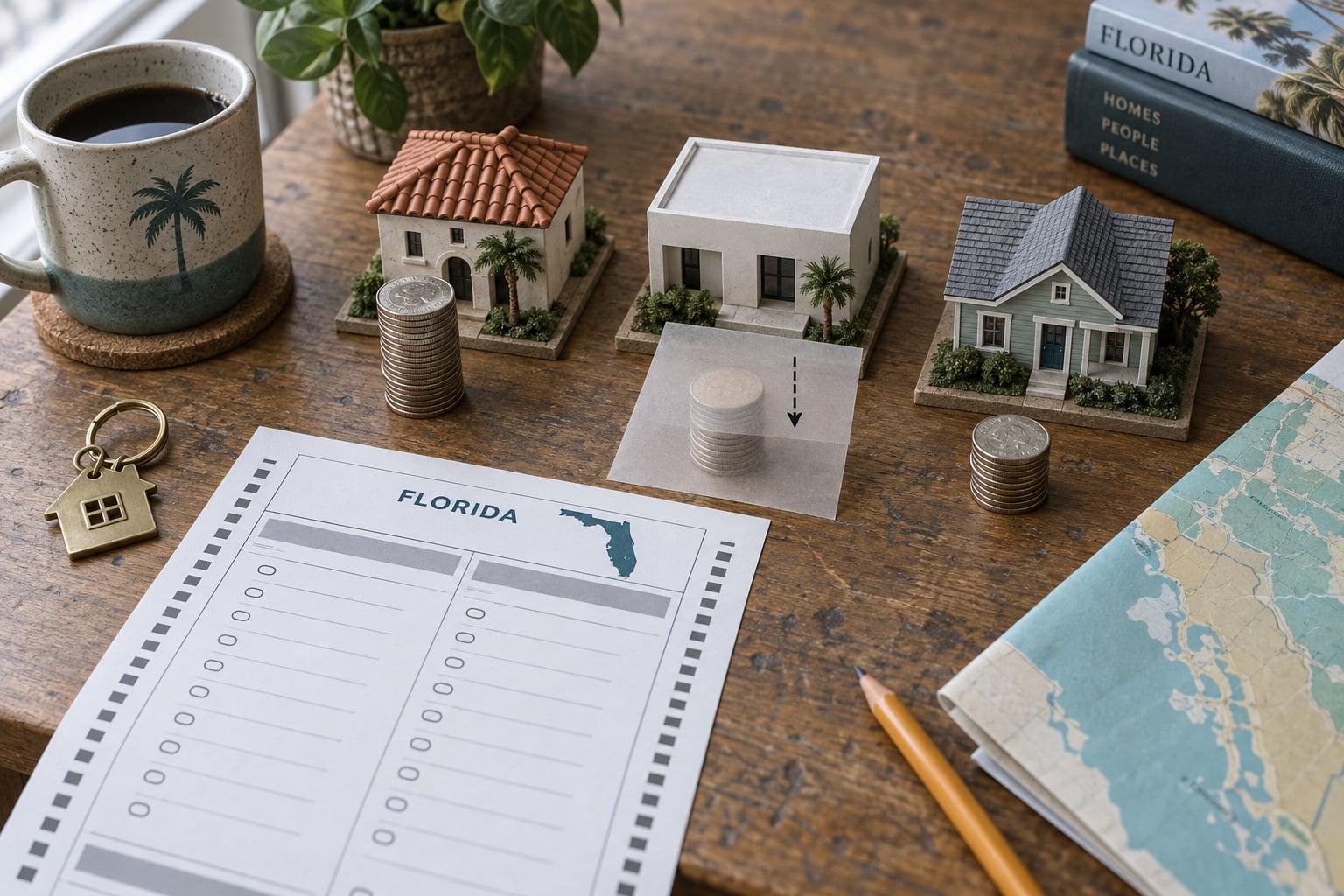 Flat-lay of three cardboard model homes with coin stacks, a brass key and ballot paper, suggesting Florida homestead tax savings
