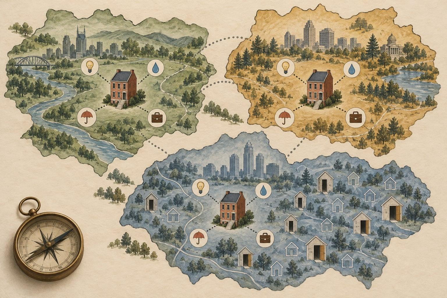 Illustrated map of three metros with identical model houses, linked by icons for utilities, insurance, jobs and vacancy