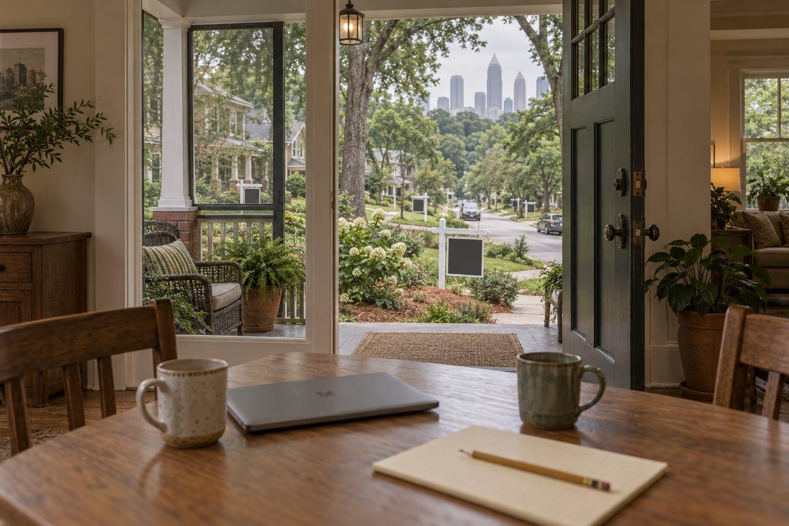 Empty craftsman bungalow interior with table and mugs, looking out to Atlanta street dotted with unmarked for-sale stakes